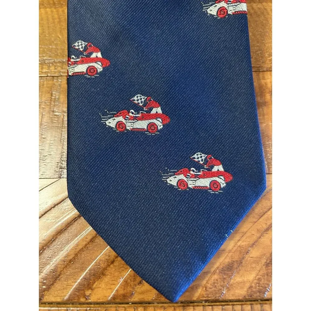 1950s Mens Tie 4” Navy Graphic Silk Blend Race Car Flag Speedway INDY 500 Driver
